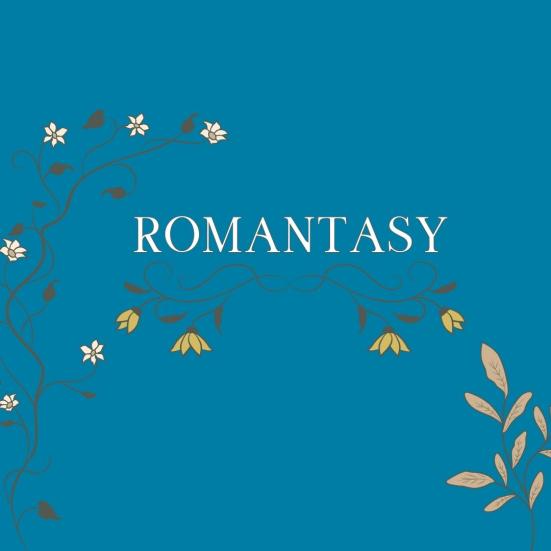 Hvid tekst på mørkeblå baggrund, hvor der står "romantasy". Omkring er der forskellige blomster.