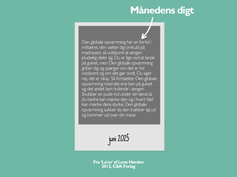 Den globale opvarmning har en fortid i militæret, den vælter dig omkuld på madrassen, så voldsomt at sengen pludselig deler sig. Du er lige ved at lande på gulvet, men Den globale opvarmning griber dig og spørger om det er for voldsomt og om det gør ondt. Du siger nej, det er okay. Så fortsætter Den globale opvarmning med det ene ben på gulvet og det andet ben hvilende i sengen. Skubber en pude ind under din lænd så du bedre kan mærke den og i hvert fald kan mærke dens styrke. Den globale opvarmning sukker 