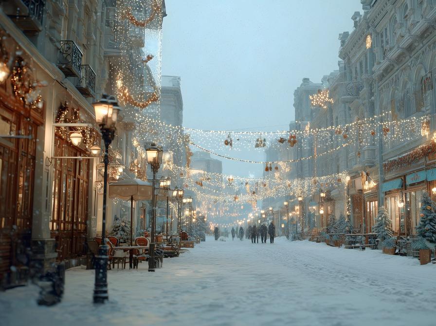 snedækket gade med julepynt og lys